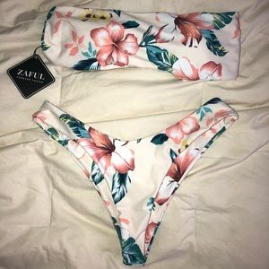 WHITE FLORAL PRINT STRAPLESS BIKINI